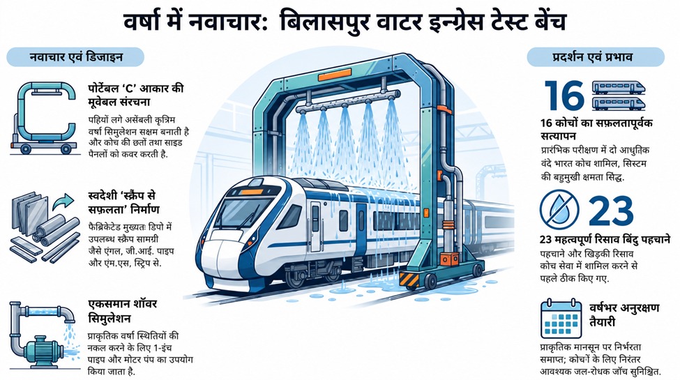 दक्षिण पूर्व मध्य रेलवे ने विकसित किया अभिनव ‘रेन वाटर इन्ग्रेस टेस्ट बेंच’